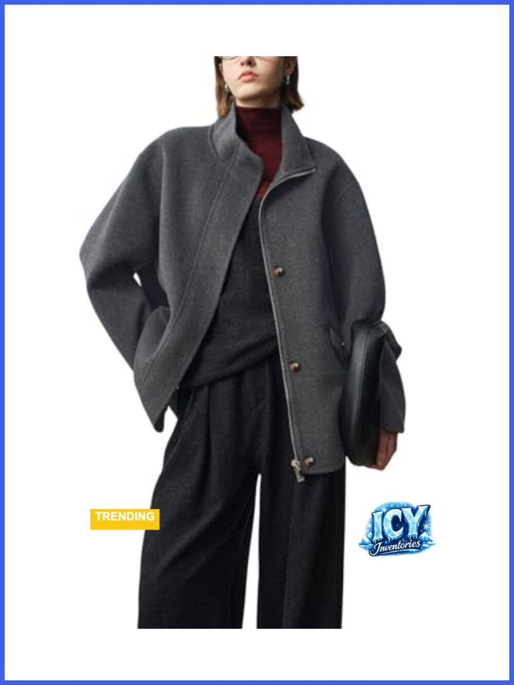 Women's Wool Blend Pea Coat with Stand Collar, Zip & Button Front